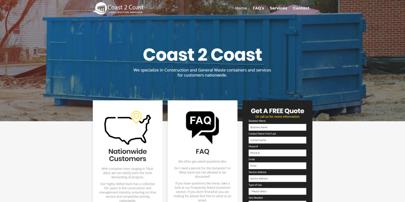 A closer view of the Coast 2 Coast homepage with the hero image, logo, and navigation.